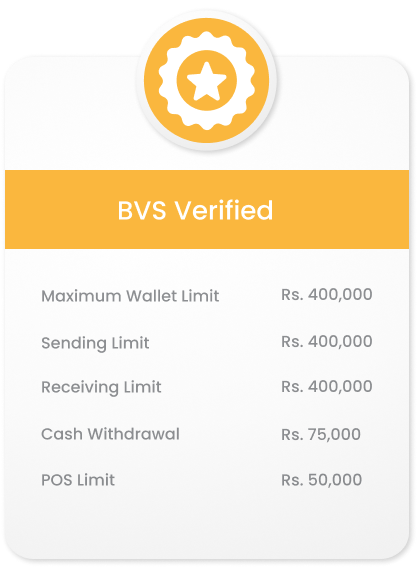 BVS Verified account limits: wallet, sending and receiving limits Rs. 400,000; cash withdrawal Rs. 75,000; POS Rs. 50,000